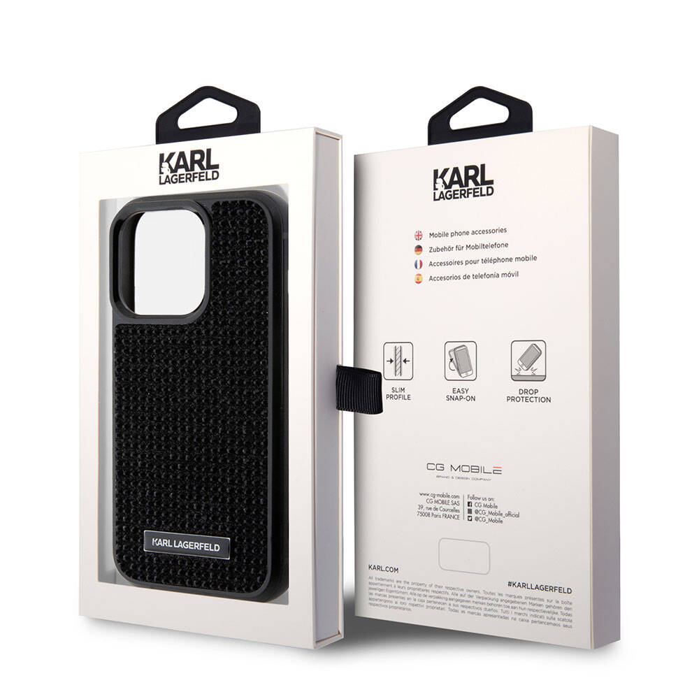 iPhone 15 Pro Kılıf Karl Lagerfeld Taşlı Metal Logo Orjinal Lisanslı Kılıf Siyah