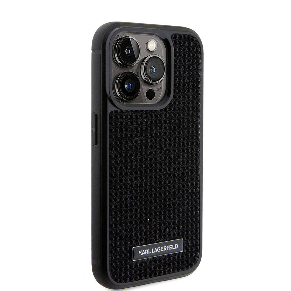 iPhone 15 Pro Kılıf Karl Lagerfeld Taşlı Metal Logo Orjinal Lisanslı Kılıf Siyah