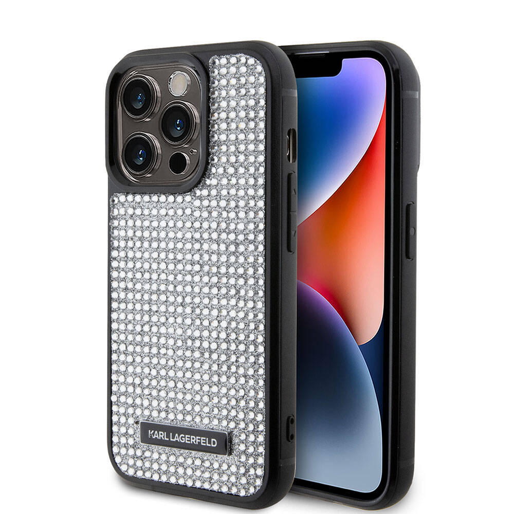 iPhone 15 Pro Kılıf Karl Lagerfeld Taşlı Metal Logo Orjinal Lisanslı Kılıf Siyah