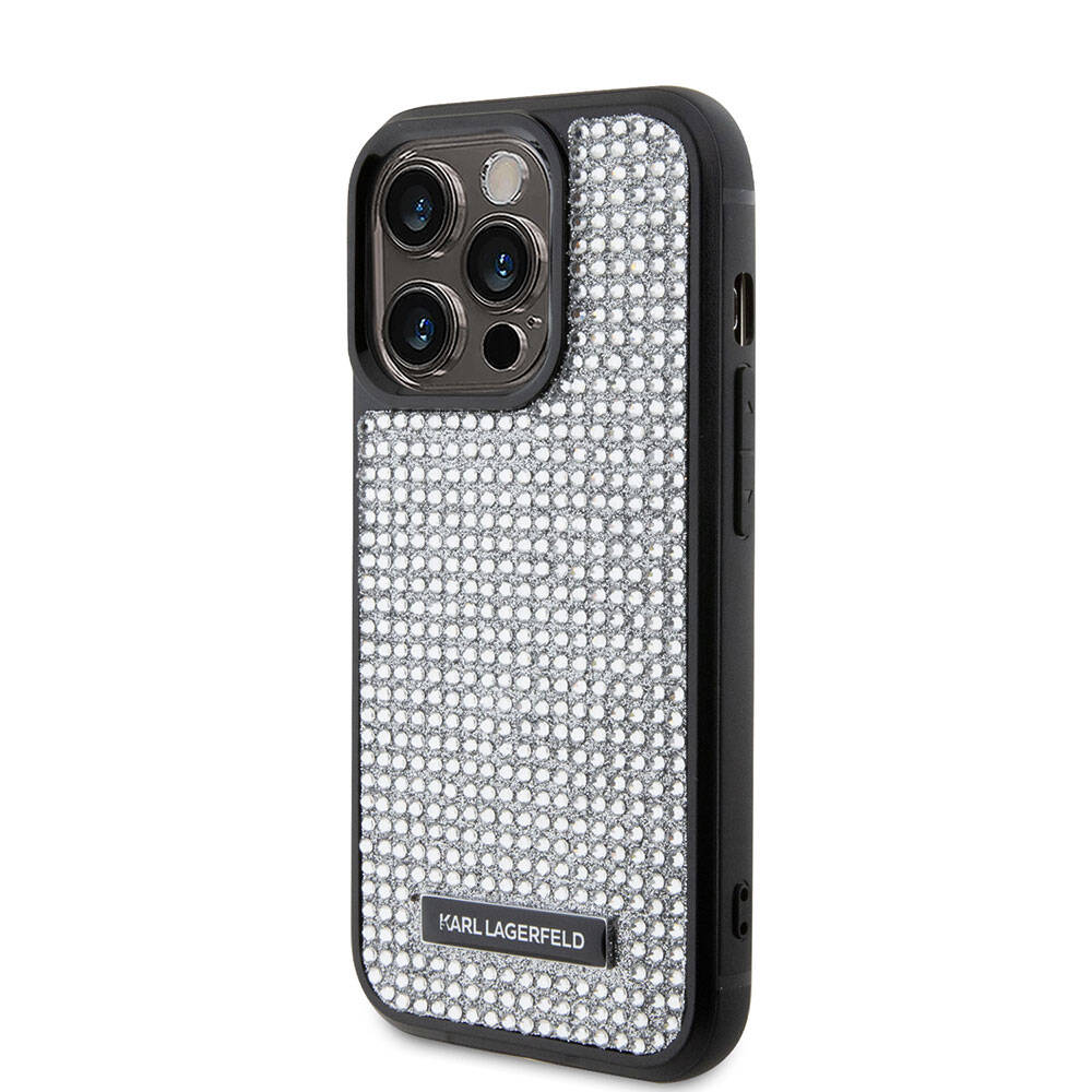 iPhone 15 Pro Kılıf Karl Lagerfeld Taşlı Metal Logo Orjinal Lisanslı Kılıf Gümüş