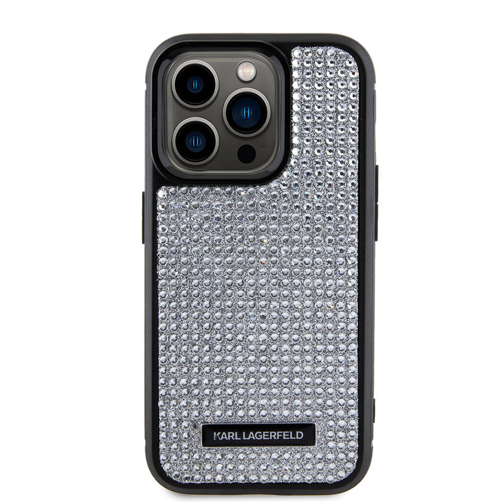 iPhone 15 Pro Kılıf Karl Lagerfeld Taşlı Metal Logo Orjinal Lisanslı Kılıf Gümüş