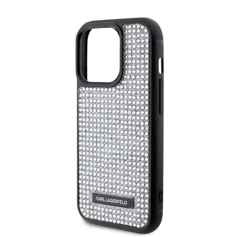 iPhone 15 Pro Kılıf Karl Lagerfeld Taşlı Metal Logo Orjinal Lisanslı Kılıf Siyah