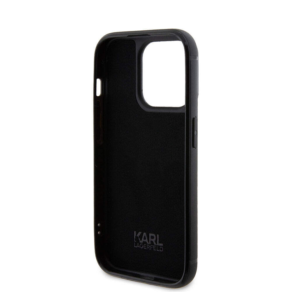 iPhone 15 Pro Kılıf Karl Lagerfeld Taşlı Metal Logo Orjinal Lisanslı Kılıf Siyah