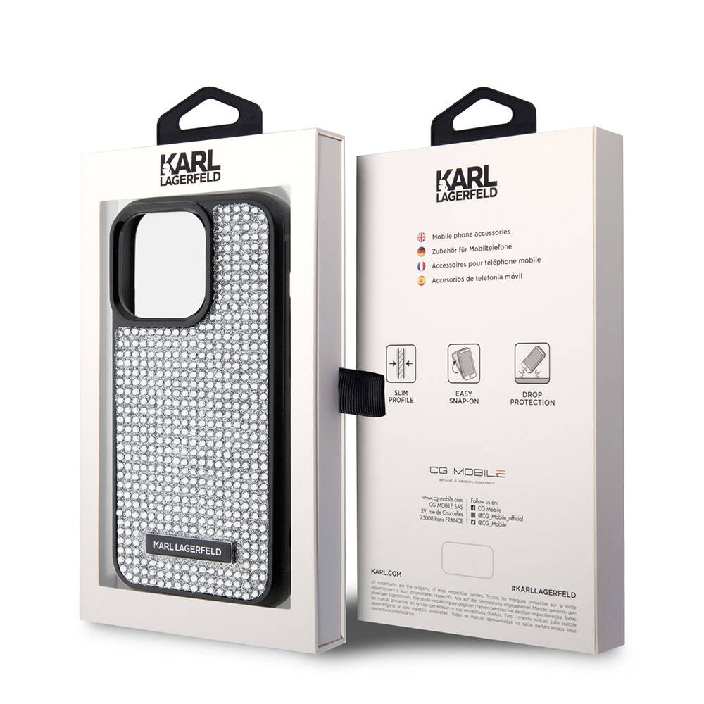 iPhone 15 Pro Kılıf Karl Lagerfeld Taşlı Metal Logo Orjinal Lisanslı Kılıf Siyah