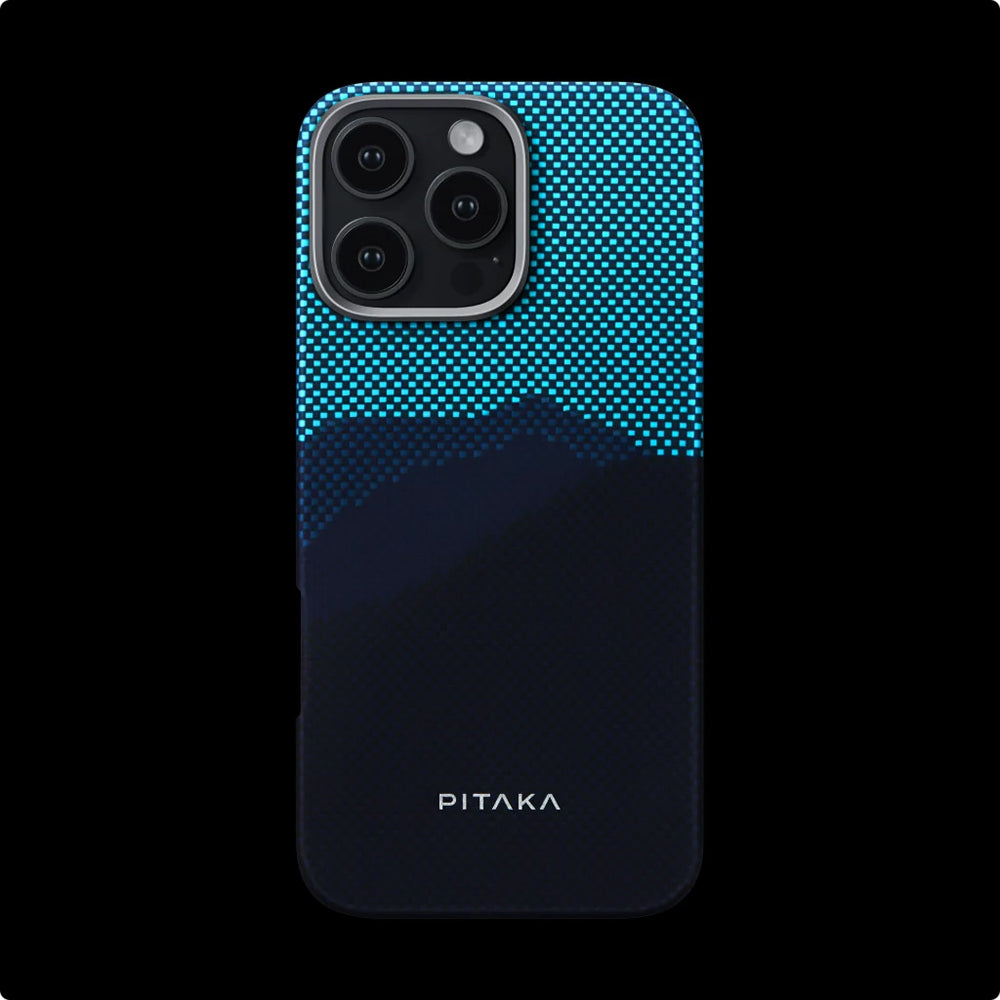 Apple iPhone 15 Pro Kılıf M-safe Şarj Özellikli Lumintex Teknolojili Fosforlu Özellikli Aramid Fiber Pitaka Tactile Woven Starpeak Serisi Over The Horizon Kapak Mavi