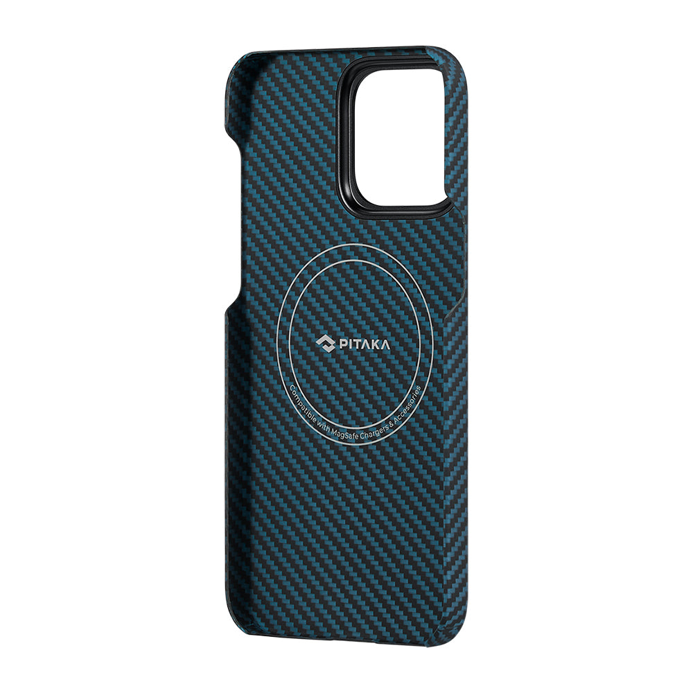 iPhone 15 Pro Kılıf Magsafe Şarj Özellikli 1500D Aramid Fiber Pitaka Ultra-Slim Classic Serisi Black-Blue Twill Kılıf Siyah-Mavi