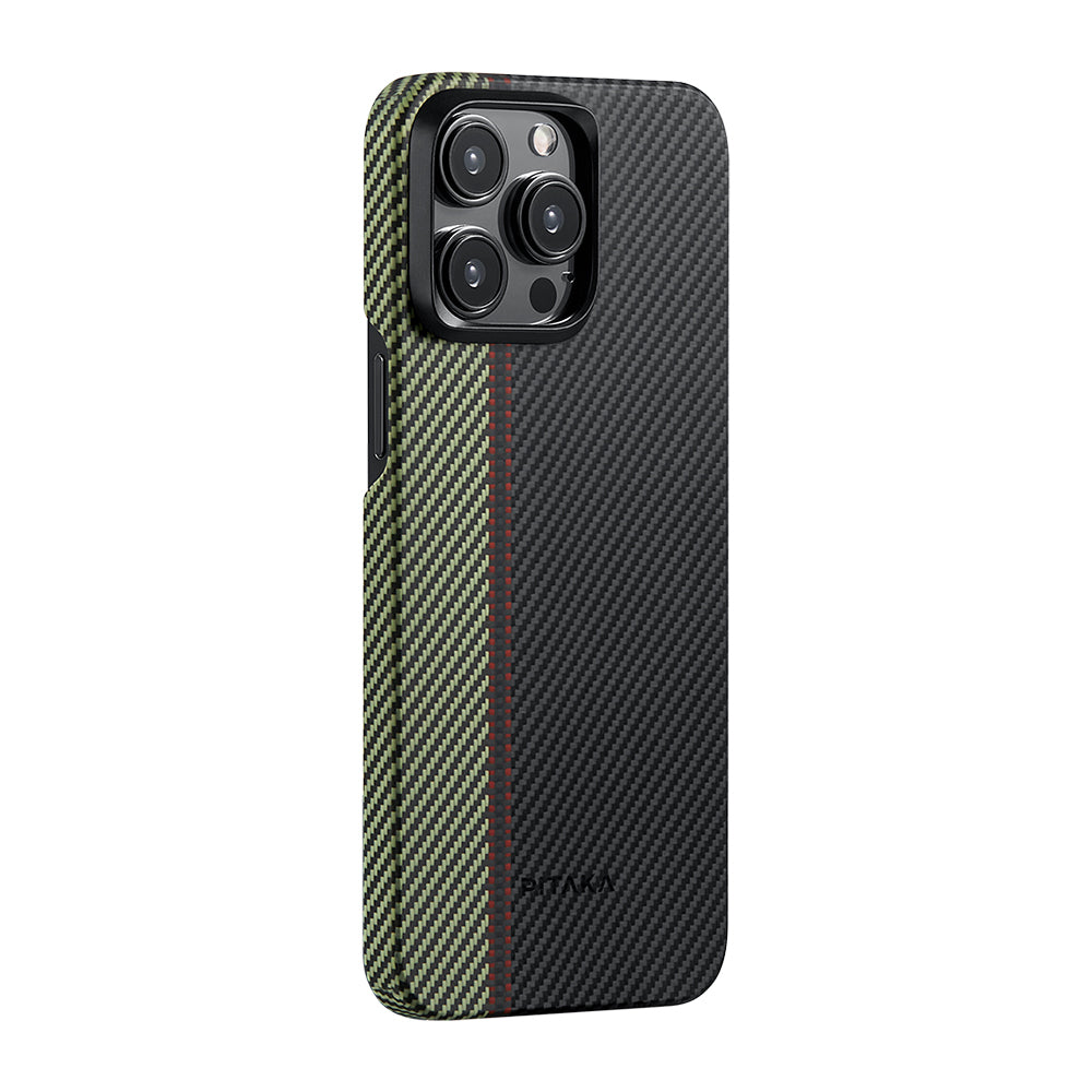 iPhone 15 Pro Kılıf Magsafe Şarj Özellikli 600D Aramid Fiber Pitaka Tactile Woven Orchestra Serisi Overture Kılıf Siyah-Yeşil
