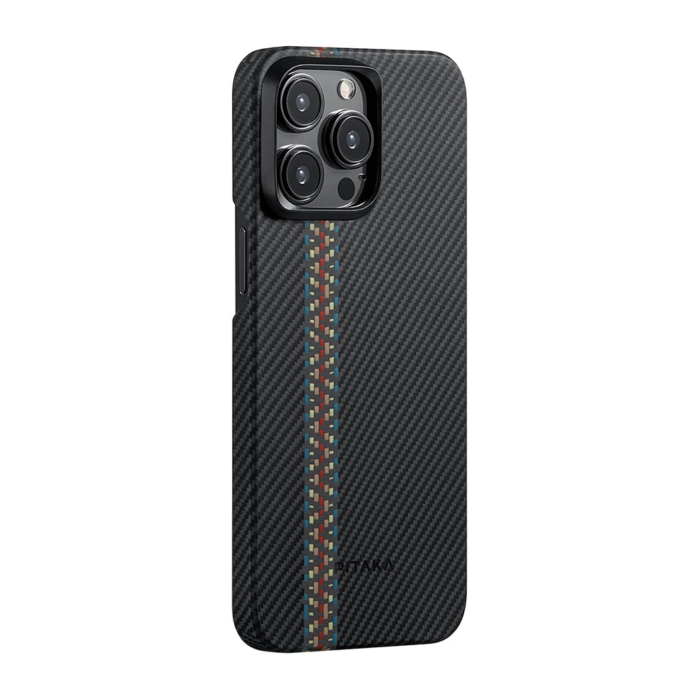 iPhone 15 Pro Kılıf Magsafe Şarj Özellikli 600D Aramid Fiber Pitaka Tactile Woven Orchestra Serisi Rhapsody Kılıf Siyah