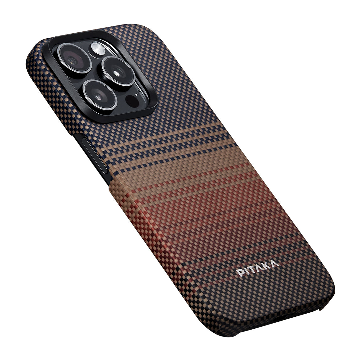 iPhone 15 Pro Kılıf Magsafe Şarj Özellikli Aramid Fiber Pitaka Tactile Woven Sunset-Moonrise Serisi Sunset Kılıf Kahverengi