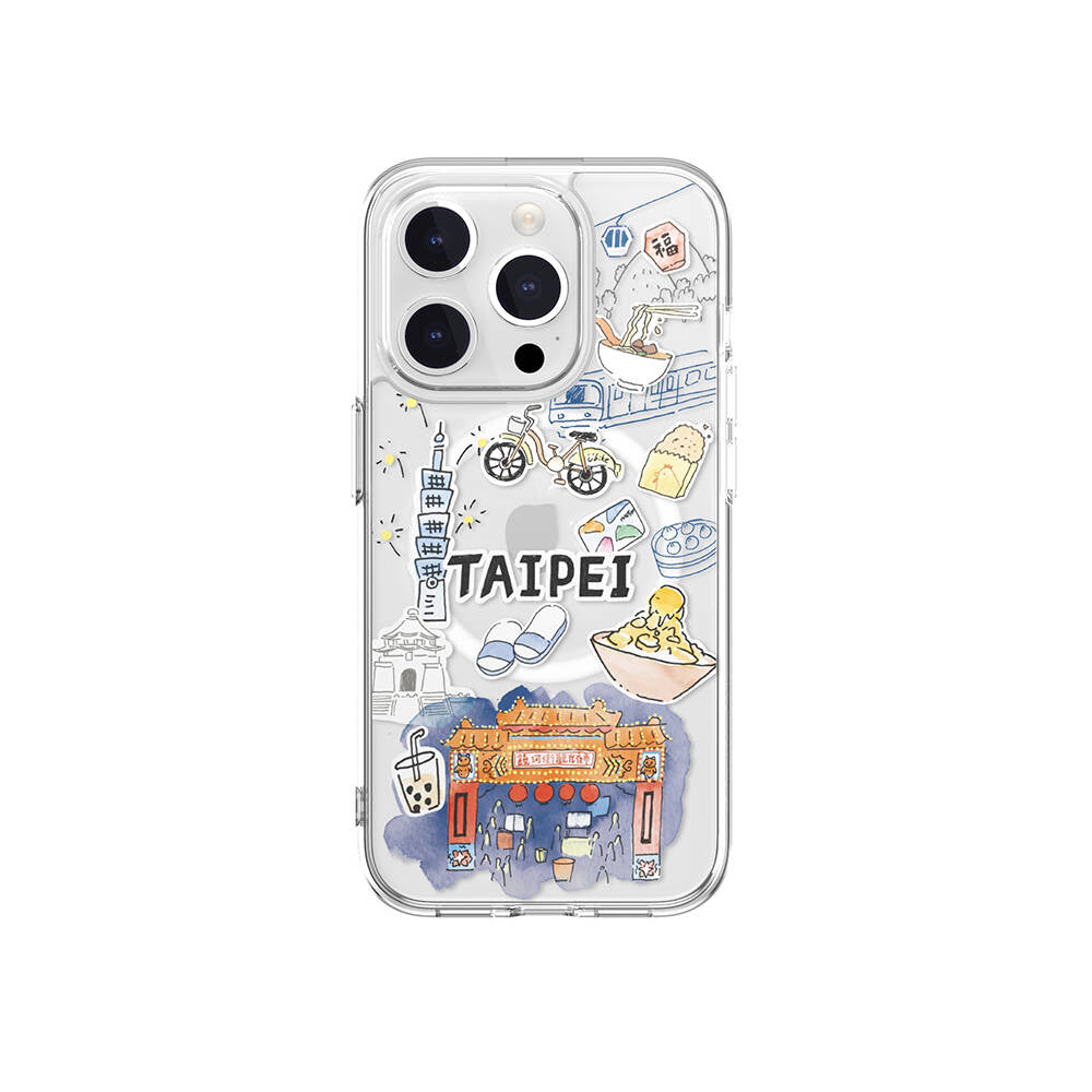 iPhone 15 Pro Kılıf Magsafe Şarj Özellikli Çizim Desenli Şok Önleyicili Şeffaf Lisanslı Switcheasy City-M Taipei Kılıf Renksiz