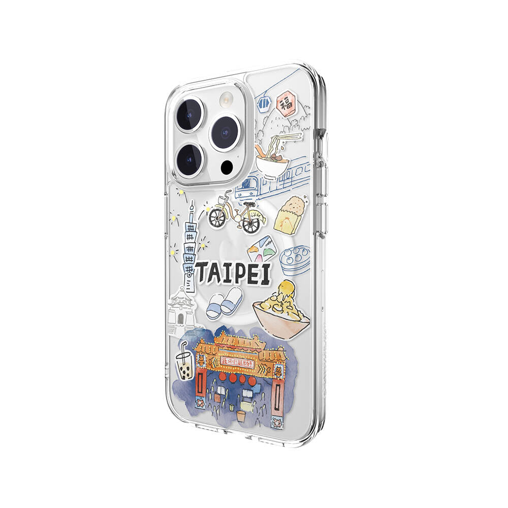 iPhone 15 Pro Kılıf Magsafe Şarj Özellikli Çizim Desenli Şok Önleyicili Şeffaf Lisanslı Switcheasy City-M Taipei Kılıf Renksiz