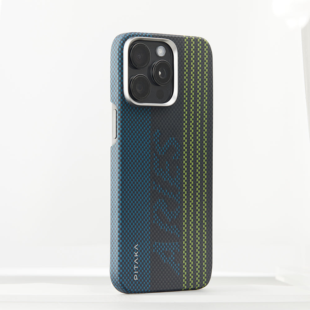 iPhone 15 Pro Kılıf Magsafe Şarj Özellikli Lumintex Teknolojili Fosforlu Aramid Fiber Pitaka Tactile Woven Aries Serisi Kılıf Siyah-Mavi