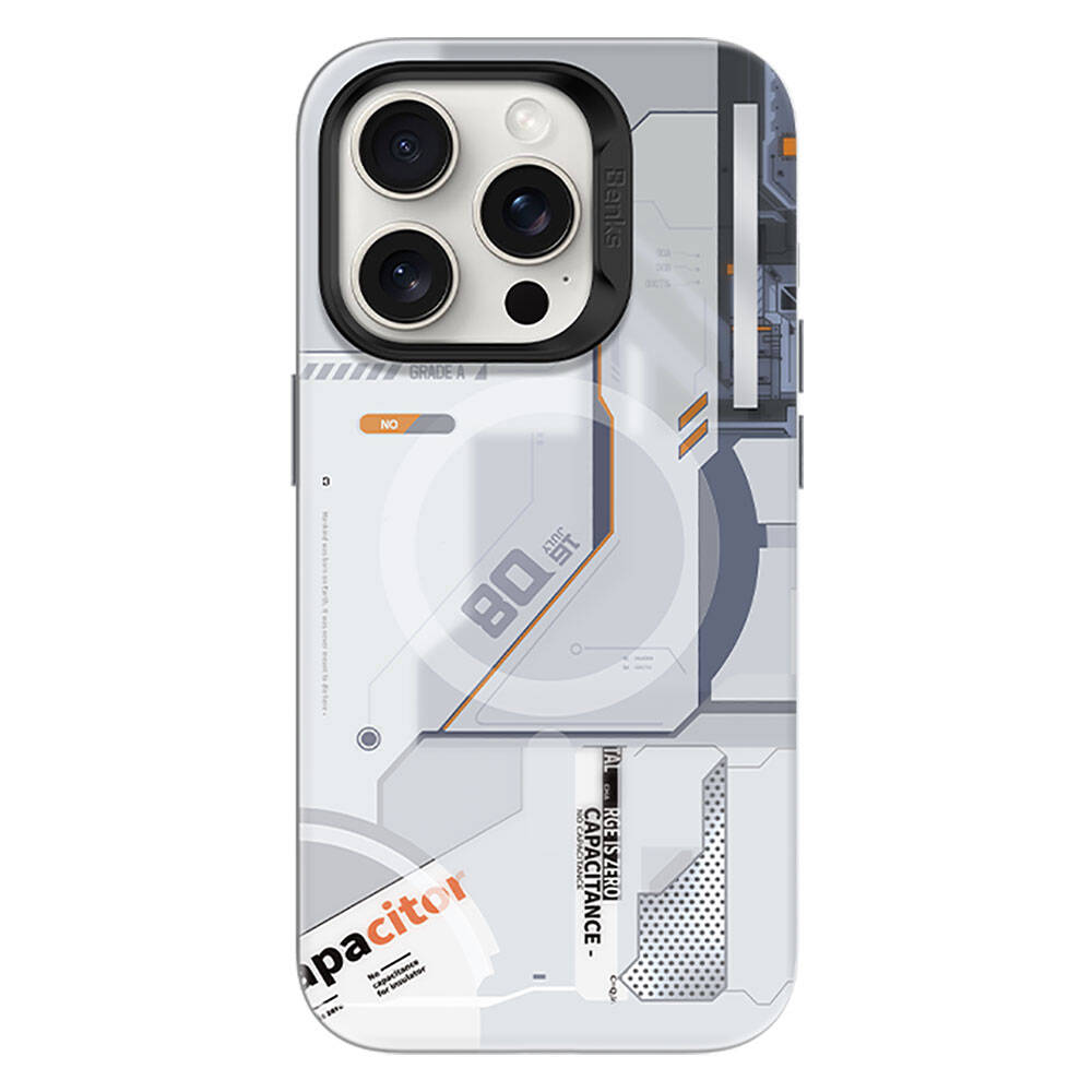 iPhone 15 Pro Kılıf MagSafe Şarj Özellikli Mekanik Tasarımlı Benks Perspective Serisi Kılıf Beyaz