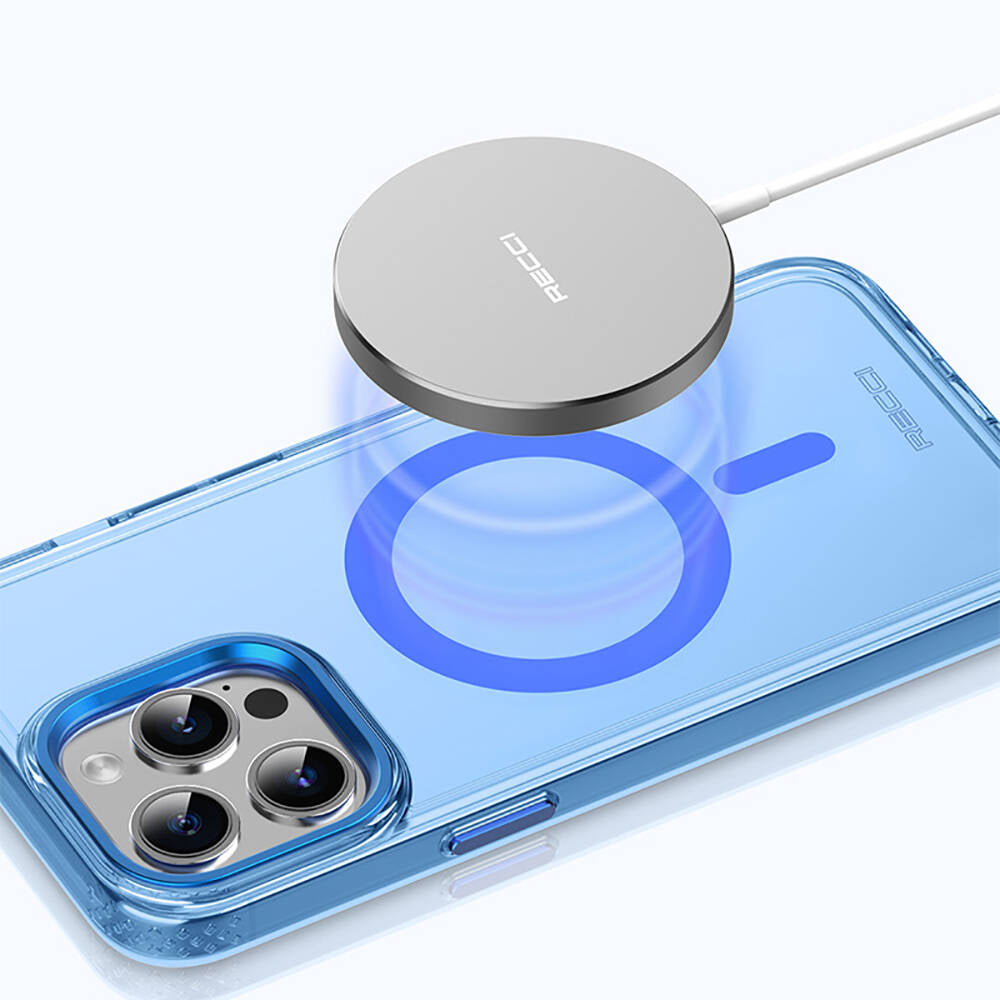 iPhone 15 Pro Kılıf Magsafe Şarj Özellikli Saydam Arka Yüzey Recci Crystal Color Serisi Kılıf Mavi