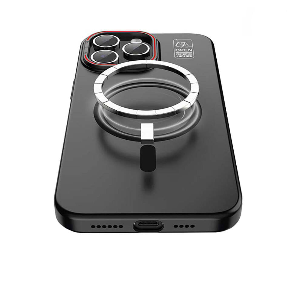 iPhone 15 Pro Kılıf Magsafe Şarj Özellikli Standlı Metal Kamera Çerçeveli Mat Recci Glaze Serisi Kılıf Beyaz