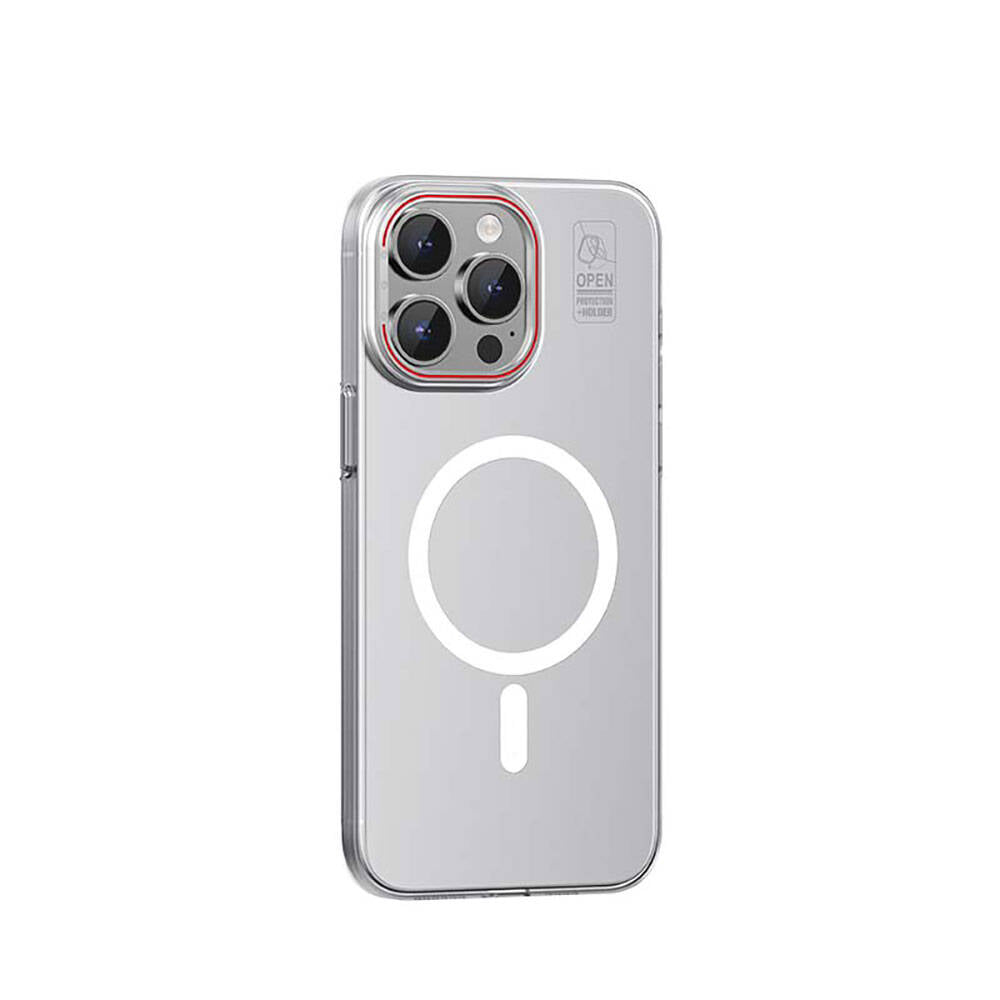 iPhone 15 Pro Kılıf Magsafe Şarj Özellikli Standlı Metal Kamera Çerçeveli Mat Recci Glaze Serisi Kılıf Beyaz