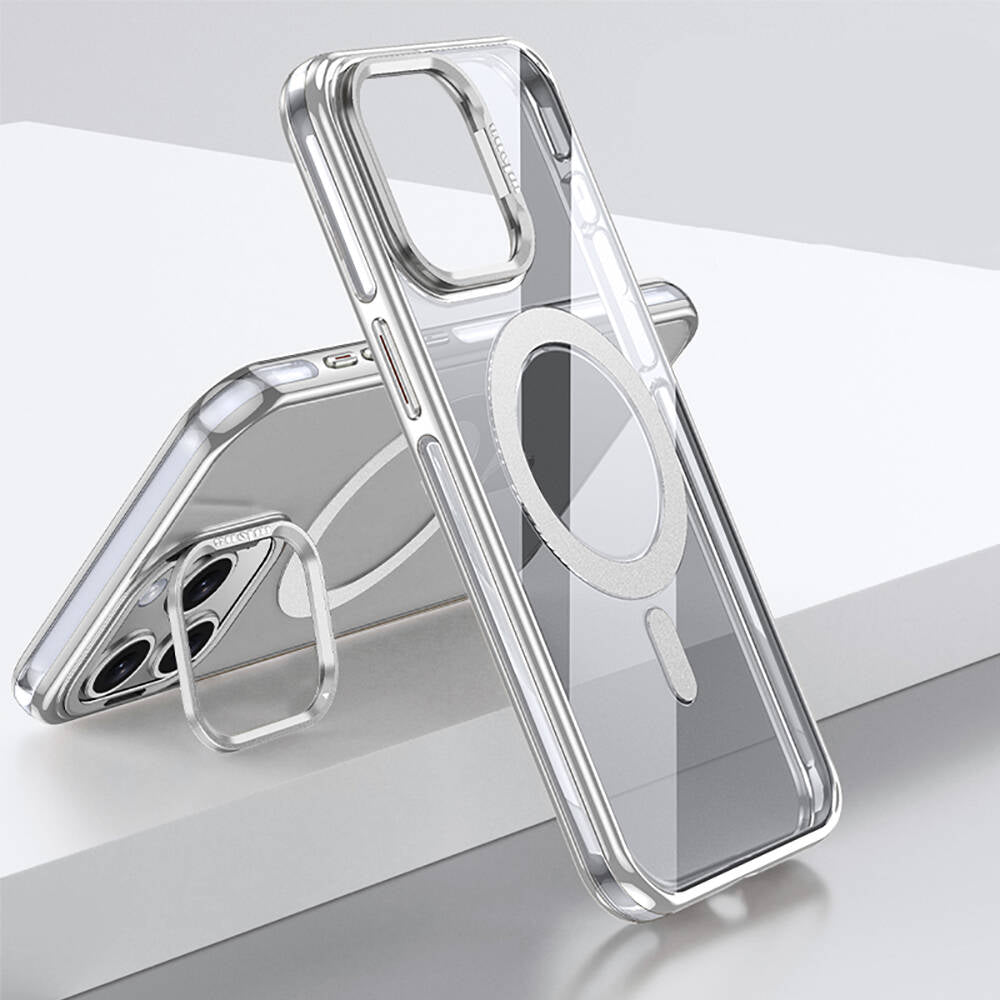 iPhone 15 Pro Kılıf Magsafe Şarj Özellikli Wlons Standlı Efsane Kılıf Gümüş
