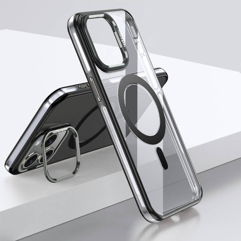 iPhone 15 Pro Kılıf Magsafe Şarj Özellikli Wlons Standlı Efsane Kılıf Siyah