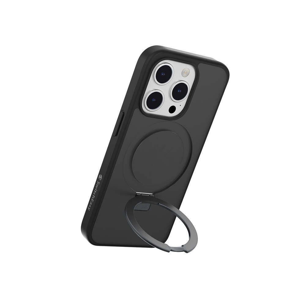iPhone 15 Pro Kılıf Magsafe Şarj Özellikli Yüzük Standlı Lisanslı Switcheasy Magstand-M Kılıf Siyah