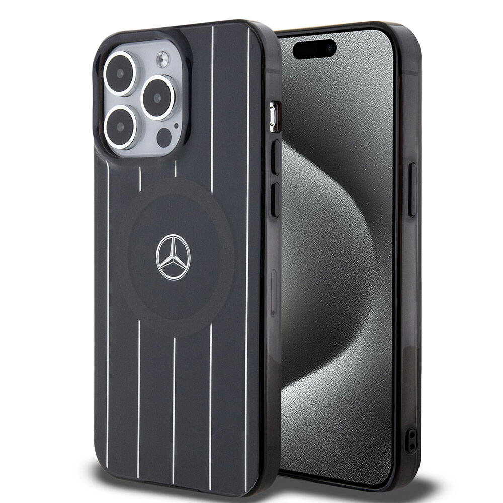 iPhone 15 Pro Kılıf Mercedes Benz Orjinal Lisanslı Magsafe Şarj Özellikli Çift Katmanlı Paralel Çizgi Desenli Kılıf Siyah