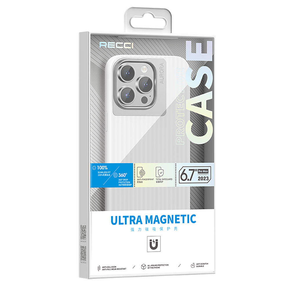 iPhone 15 Pro Kılıf Recci Aurora Serisi Magsafe Şarj Özellikli Kılıf Beyaz