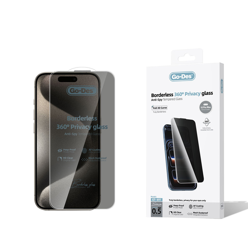 Apple iPhone 15 Pro Max Go Des AF Borderless Privacy Temperli Cam Ekran Koruyucu Siyah