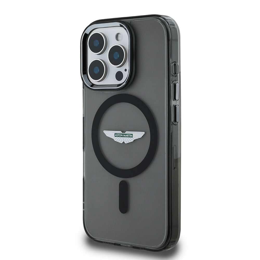 Apple iPhone 15 Pro Max Kılıf Aston Martin Orjinal Lisanslı Magsafe Şarj Özellikli  IML Baskı Logolu Metal Düğmeli Kapak Siyah