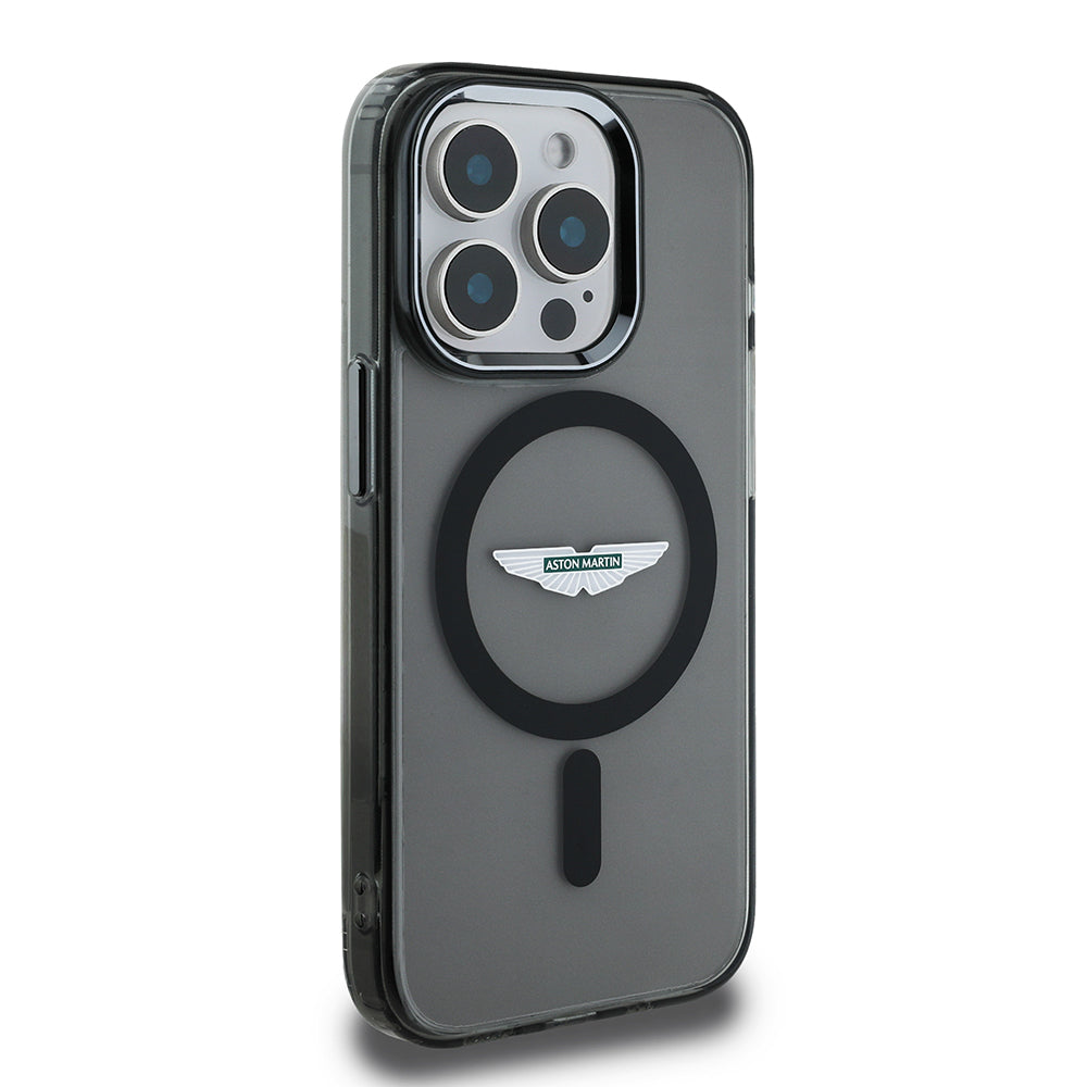 Apple iPhone 15 Pro Max Kılıf Aston Martin Orjinal Lisanslı Magsafe Şarj Özellikli  IML Baskı Logolu Metal Düğmeli Kapak Siyah