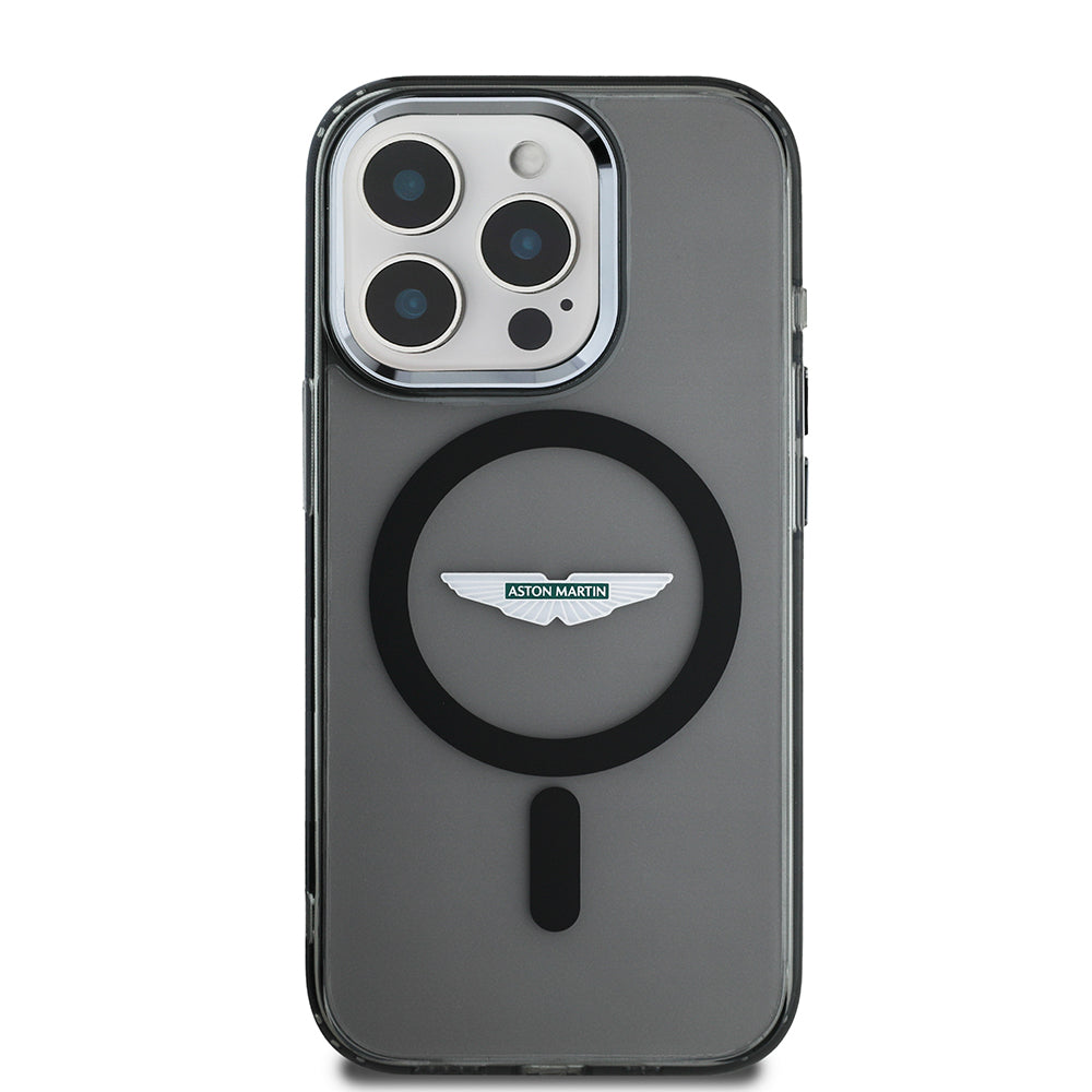Apple iPhone 15 Pro Max Kılıf Aston Martin Orjinal Lisanslı Magsafe Şarj Özellikli  IML Baskı Logolu Metal Düğmeli Kapak Siyah