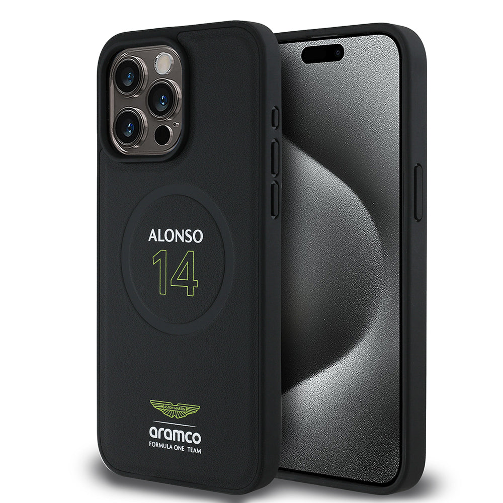 Apple iPhone 15 Pro Max Kılıf Aston Martin Orjinal Lisanslı Magsafe Şarj Özellikli PU Deri Alonso 14 Baskılı Kapak Siyah