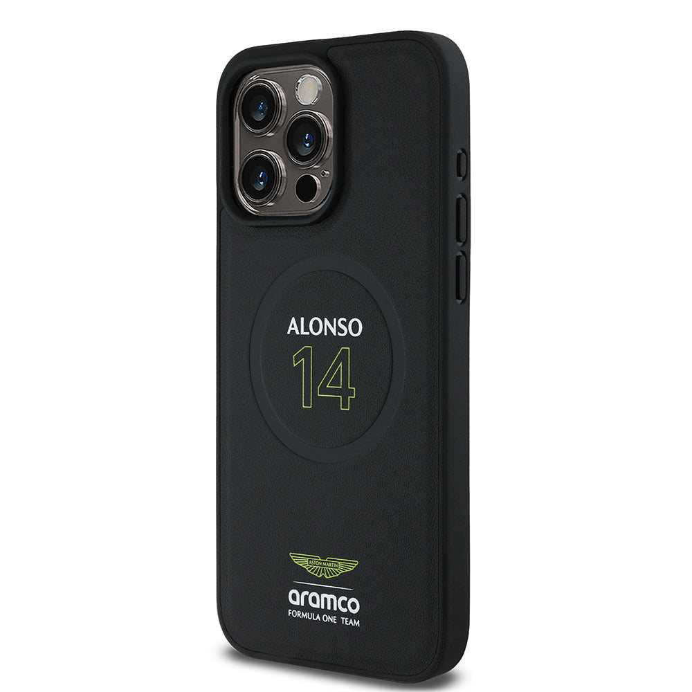 Apple iPhone 15 Pro Max Kılıf Aston Martin Orjinal Lisanslı Magsafe Şarj Özellikli PU Deri Alonso 14 Baskılı Kapak Siyah