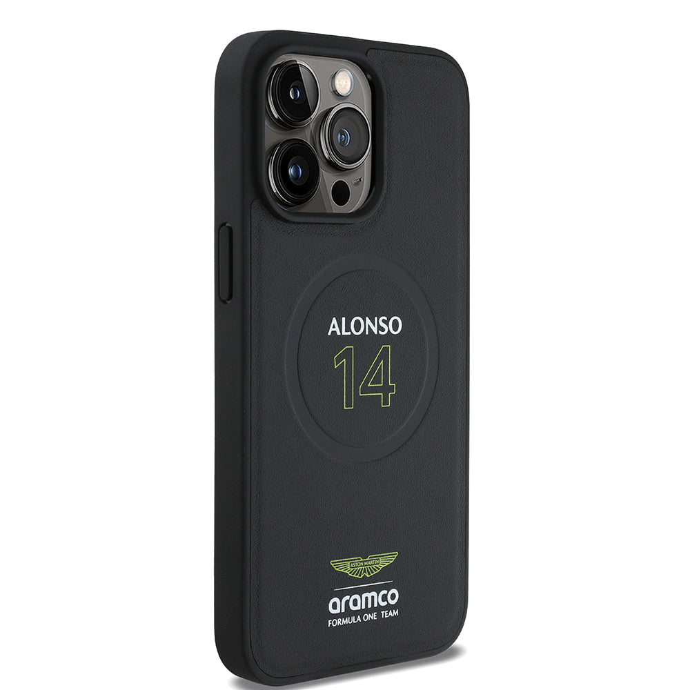 Apple iPhone 15 Pro Max Kılıf Aston Martin Orjinal Lisanslı Magsafe Şarj Özellikli PU Deri Alonso 14 Baskılı Kapak Siyah