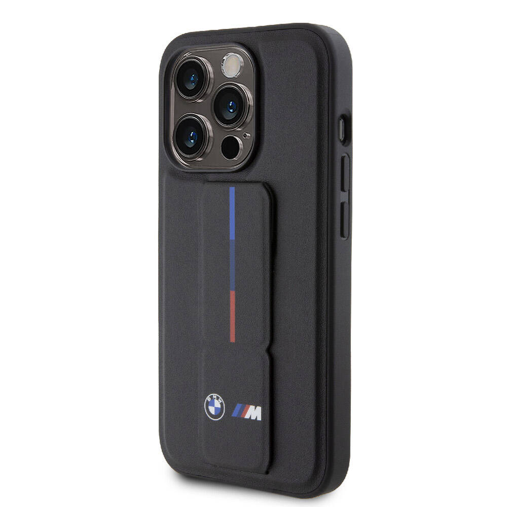 iPhone 15 Pro Max Kılıf BMW Orjinal Lisanslı M Şerit ve Logolu Standlı Kılıf Gri