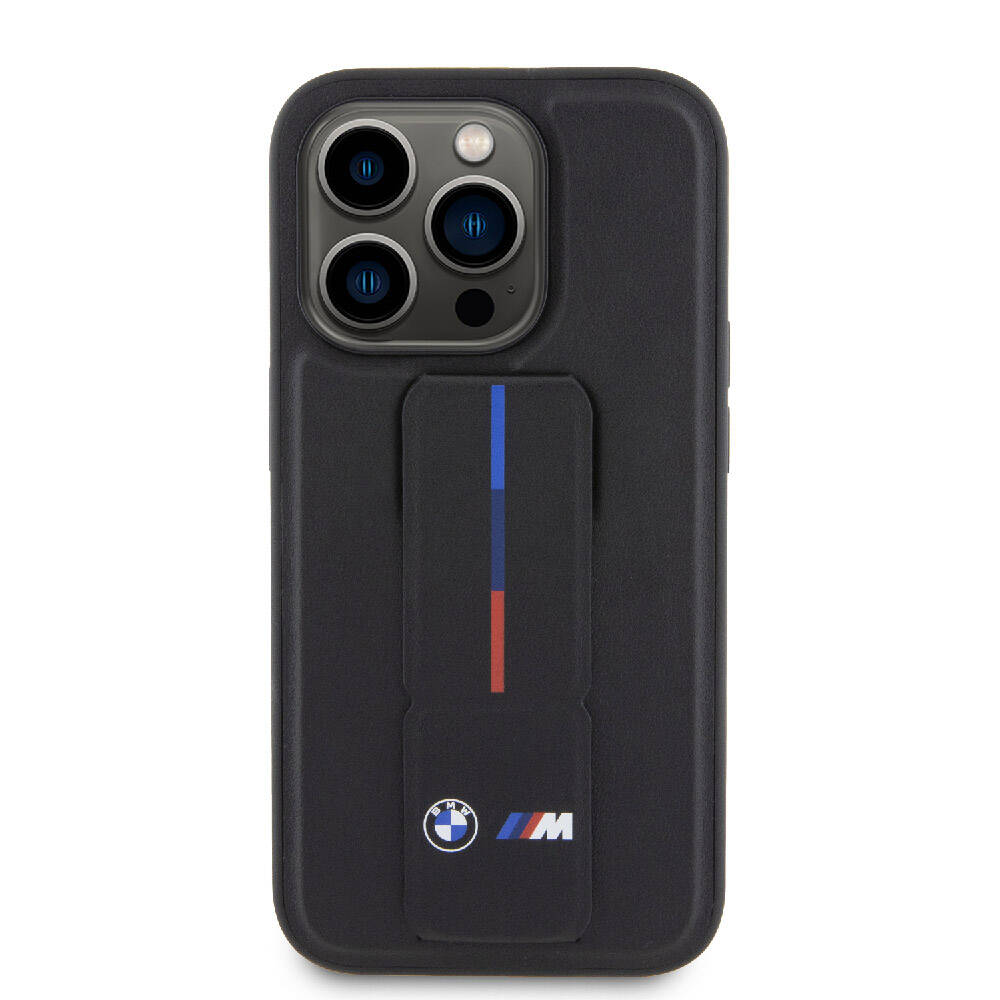 iPhone 15 Pro Max Kılıf BMW Orjinal Lisanslı M Şerit ve Logolu Standlı Kılıf Gri
