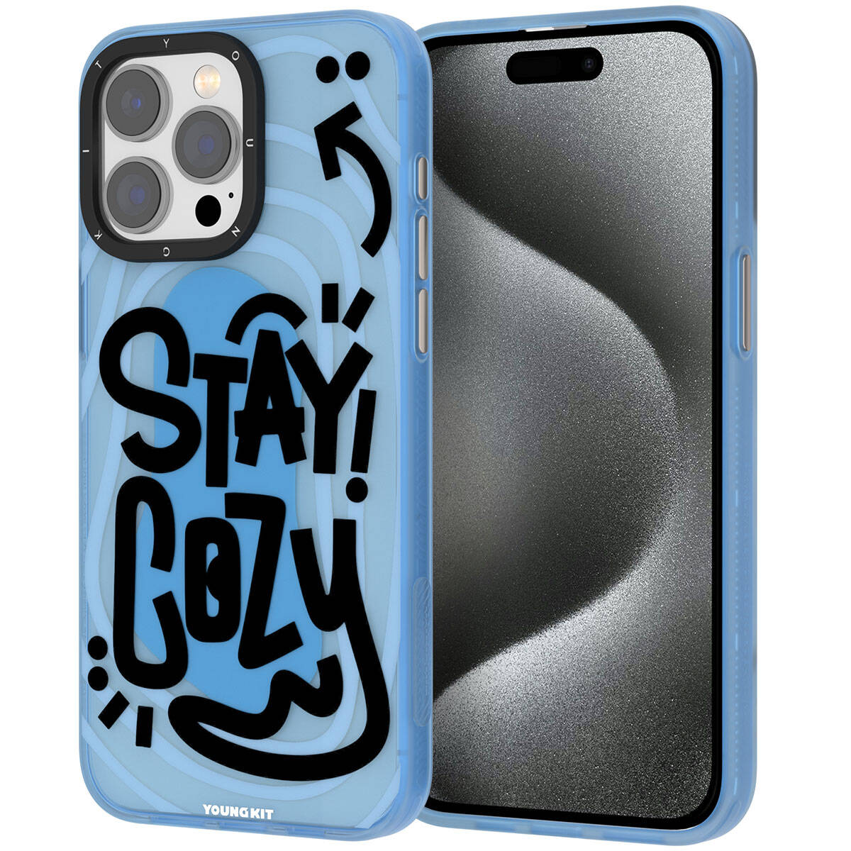 iPhone 15 Pro Max Kılıf Desenli Youngkit Happy Hearth Serisi Kılıf Mavi