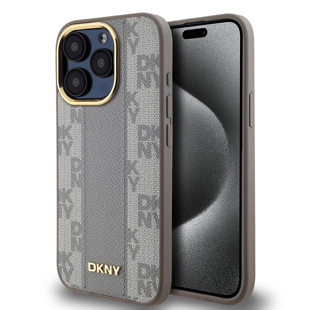 iPhone 15 Pro Max Kılıf DKNY Orjinal Lisanslı Magsafe Şarj Özellikli 3D Yazılı Checkered Pattern Kılıf Krem