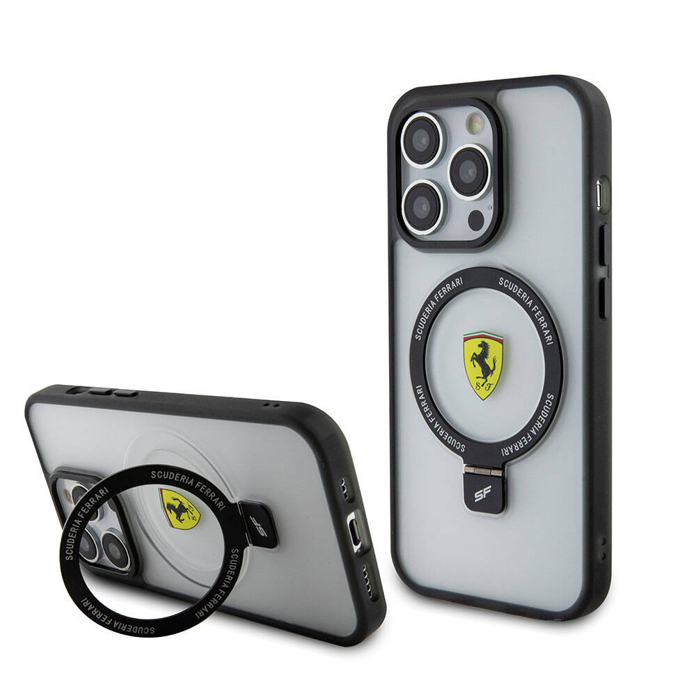 iPhone 15 Pro Max Kılıf Ferrari Magsafe Şarj Özellikli Standlı Buzlu Yüzey Dizayn Kılıf Transparan Siyah