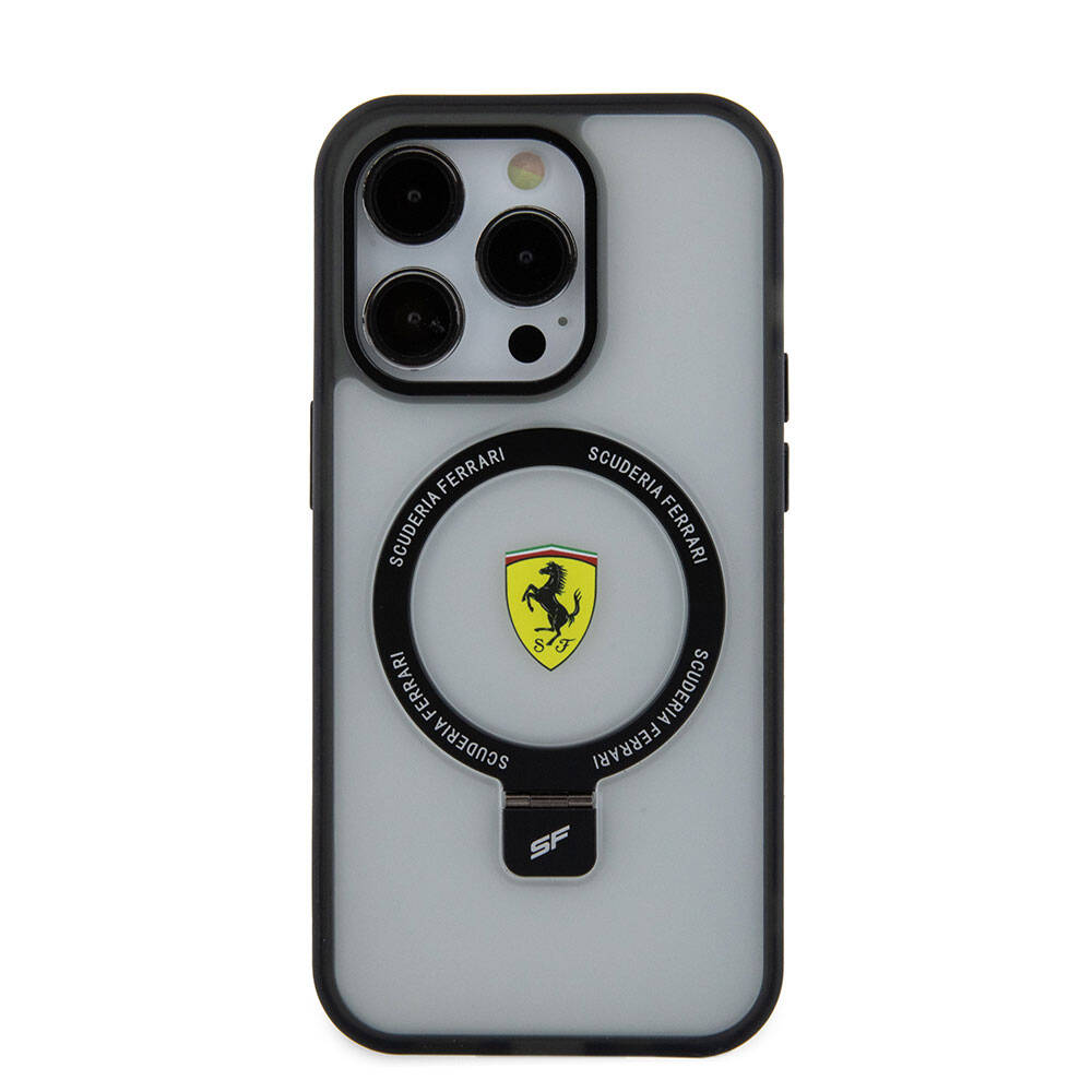 iPhone 15 Pro Max Kılıf Ferrari Magsafe Şarj Özellikli Standlı Buzlu Yüzey Dizayn Kılıf Gümüş