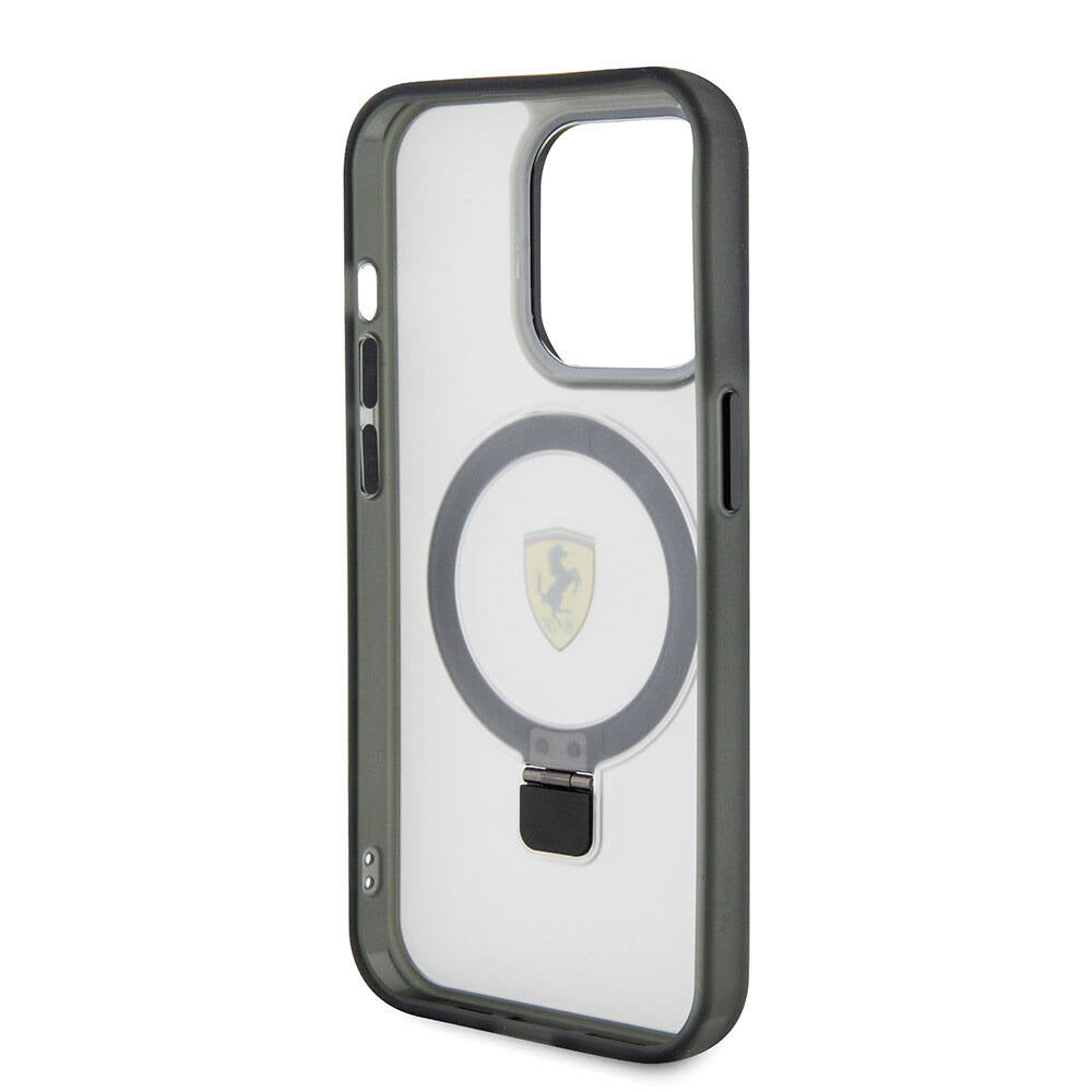 iPhone 15 Pro Max Kılıf Ferrari Magsafe Şarj Özellikli Standlı Buzlu Yüzey Dizayn Kılıf Gümüş