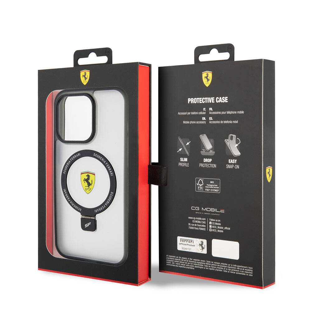 iPhone 15 Pro Max Kılıf Ferrari Magsafe Şarj Özellikli Standlı Buzlu Yüzey Dizayn Kılıf Gümüş