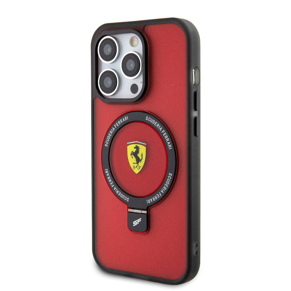 iPhone 15 Pro Max Kılıf Ferrari Magsafe Şarj Özellikli Standlı Buzlu Yüzey Dizayn Kılıf Transparan Siyah