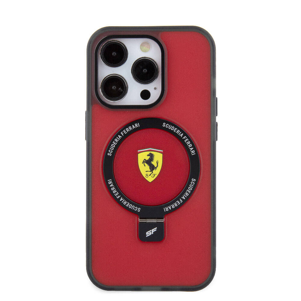 iPhone 15 Pro Max Kılıf Ferrari Magsafe Şarj Özellikli Standlı Buzlu Yüzey Dizayn Kılıf Gümüş