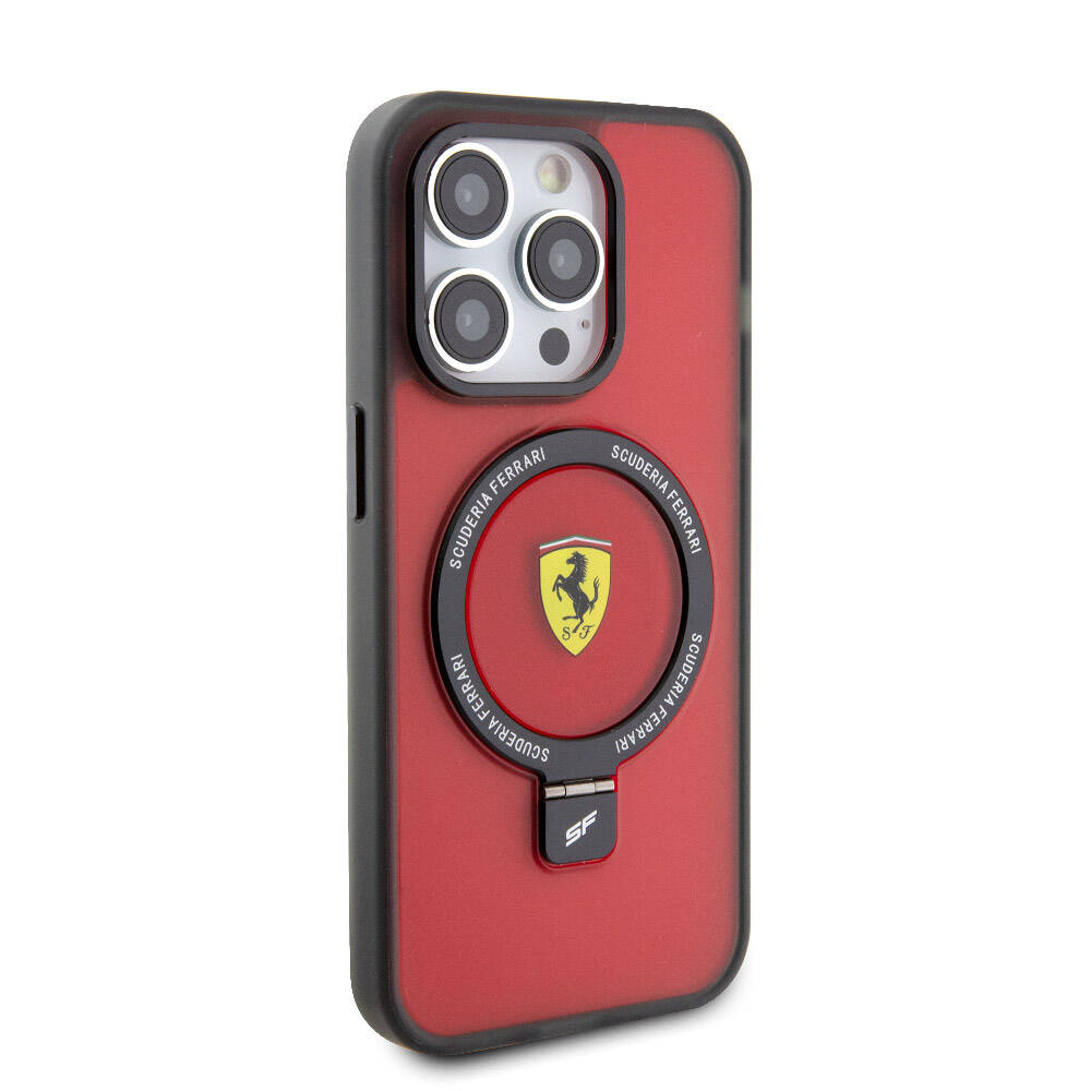 iPhone 15 Pro Max Kılıf Ferrari Magsafe Şarj Özellikli Standlı Buzlu Yüzey Dizayn Kılıf Gümüş