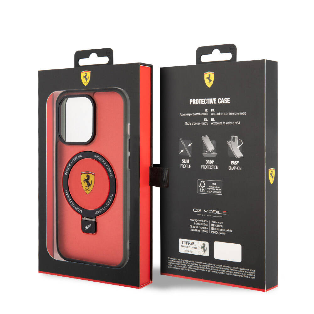 iPhone 15 Pro Max Kılıf Ferrari Magsafe Şarj Özellikli Standlı Buzlu Yüzey Dizayn Kılıf Transparan Siyah