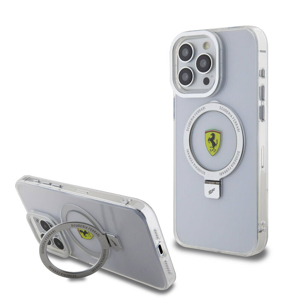 iPhone 15 Pro Max Kılıf Ferrari Magsafe Şarj Özellikli Standlı Buzlu Yüzey Dizayn Kılıf Gümüş