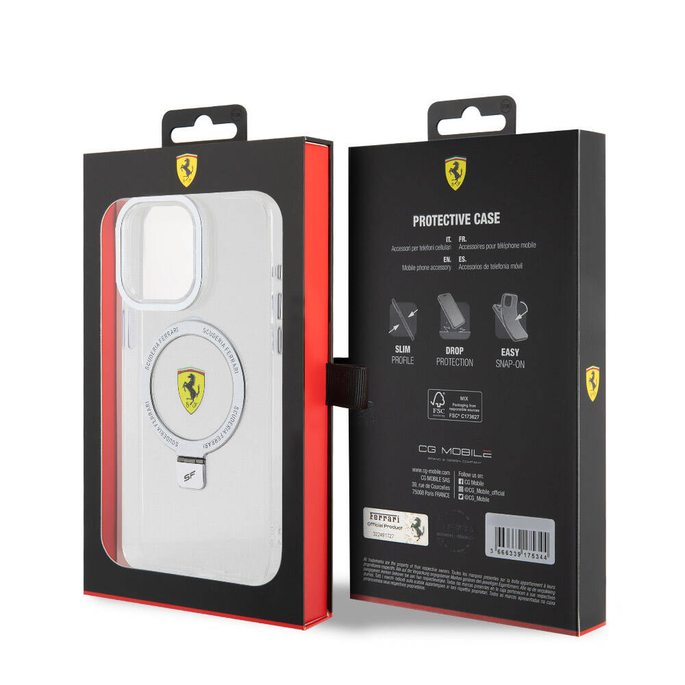 iPhone 15 Pro Max Kılıf Ferrari Magsafe Şarj Özellikli Standlı Buzlu Yüzey Dizayn Kılıf Gümüş