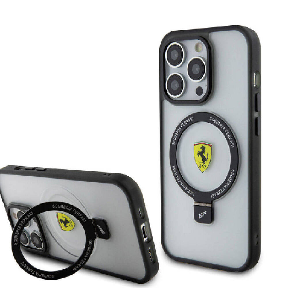 iPhone 15 Pro Max Kılıf Ferrari Magsafe Şarj Özellikli Standlı Buzlu Yüzey Dizayn Kılıf Siyah