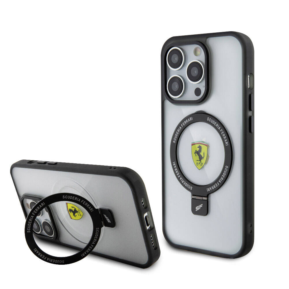 iPhone 15 Pro Max Kılıf Ferrari Magsafe Şarj Özellikli Standlı Buzlu Yüzey Dizayn Kılıf Transparan Siyah