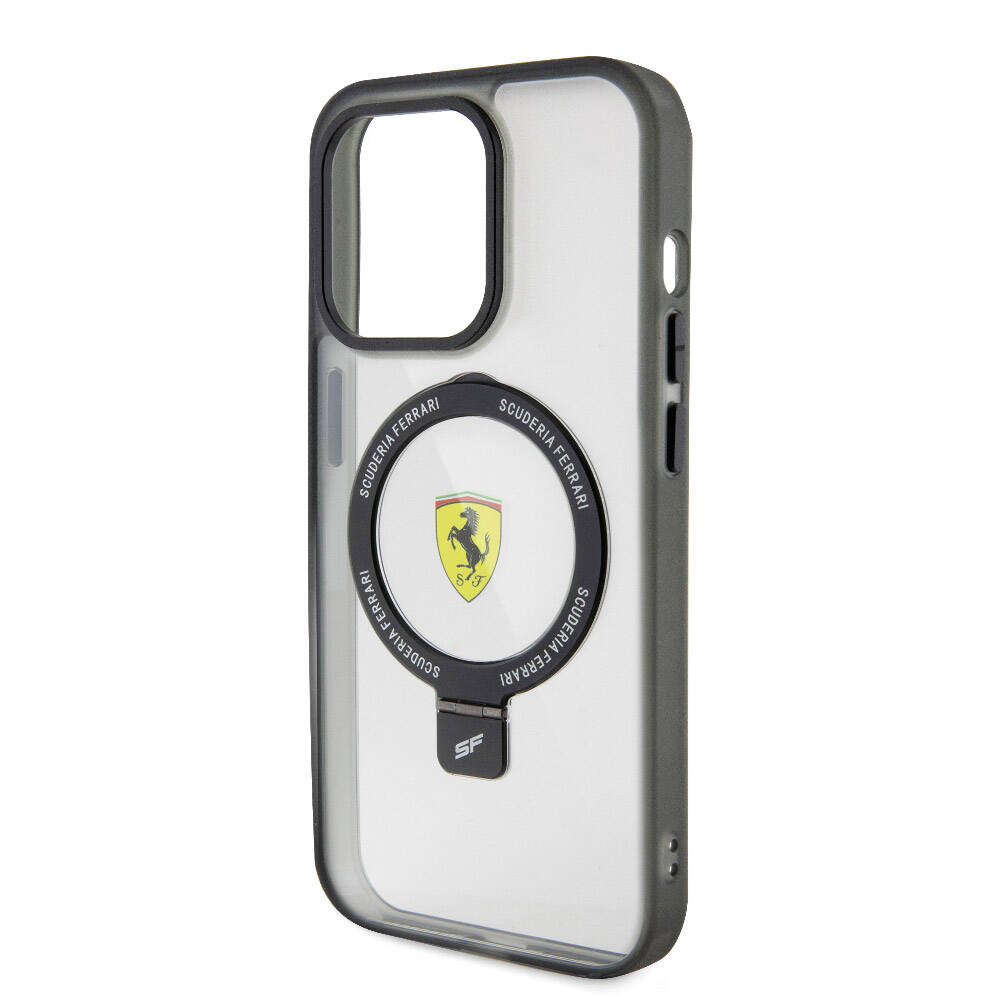 iPhone 15 Pro Max Kılıf Ferrari Magsafe Şarj Özellikli Standlı Buzlu Yüzey Dizayn Kılıf Gümüş