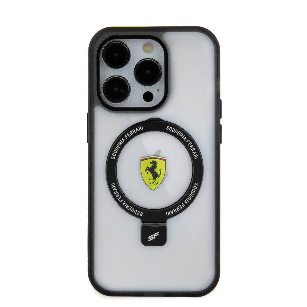 iPhone 15 Pro Max Kılıf Ferrari Magsafe Şarj Özellikli Standlı Buzlu Yüzey Dizayn Kılıf Gümüş